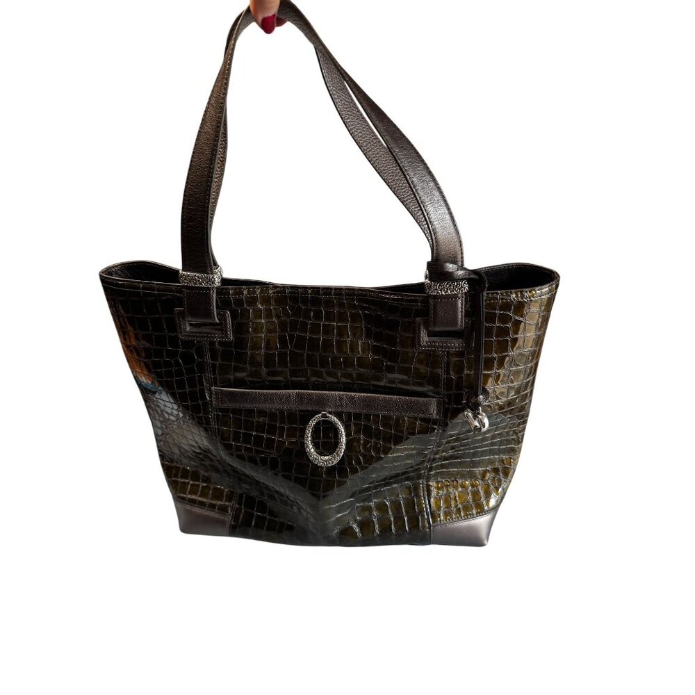 Brighton Jetson Laptop Tote Green Croc Embossed Patent Leather 14 Inch - Picture 2 of 12